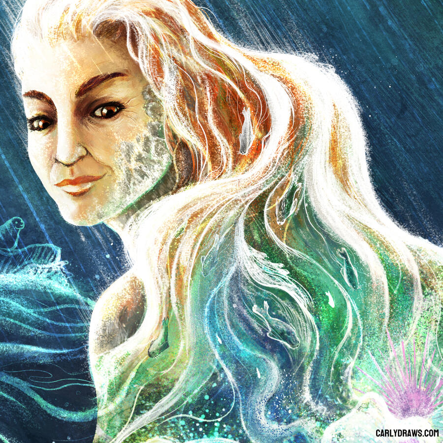 ACROSS THE WAVES final piece details, with added digital colour and drawing