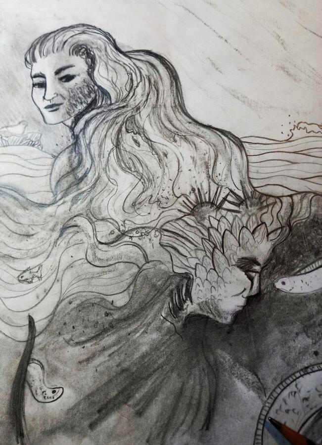 ACROSS THE WAVES pencil base drawing