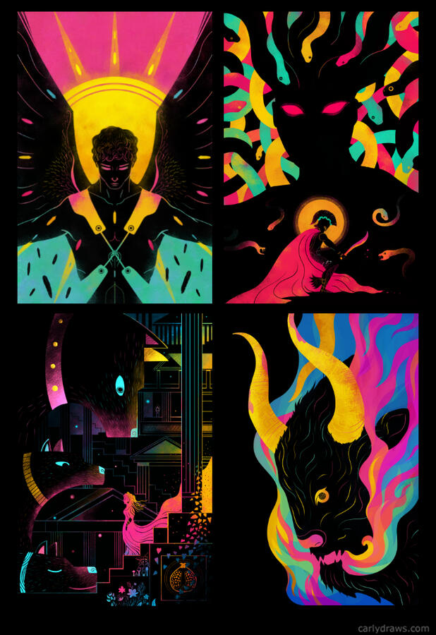 GREEK MYTH personal project- a modern take on ancient tales, inspired by pop colours and ancient Greek ceramics