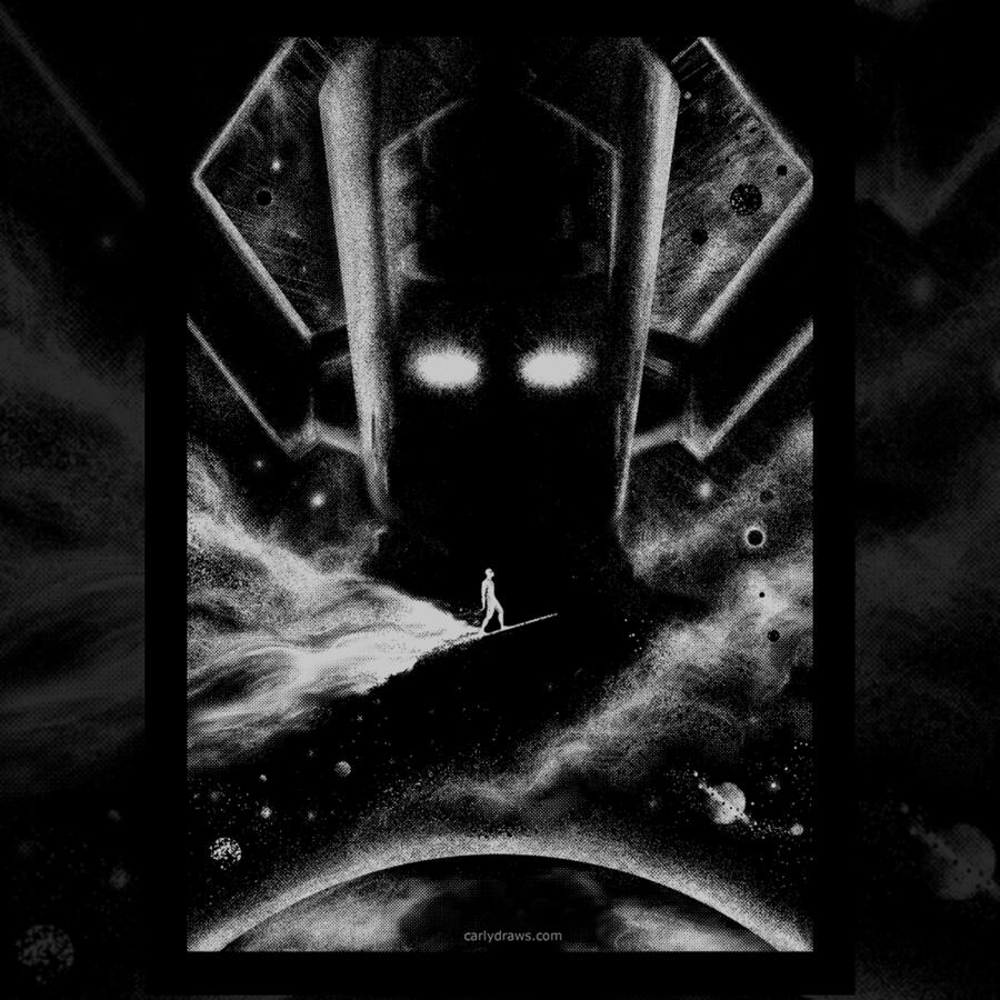 HERALD personal project inspired by comics, silver halftone print on black.