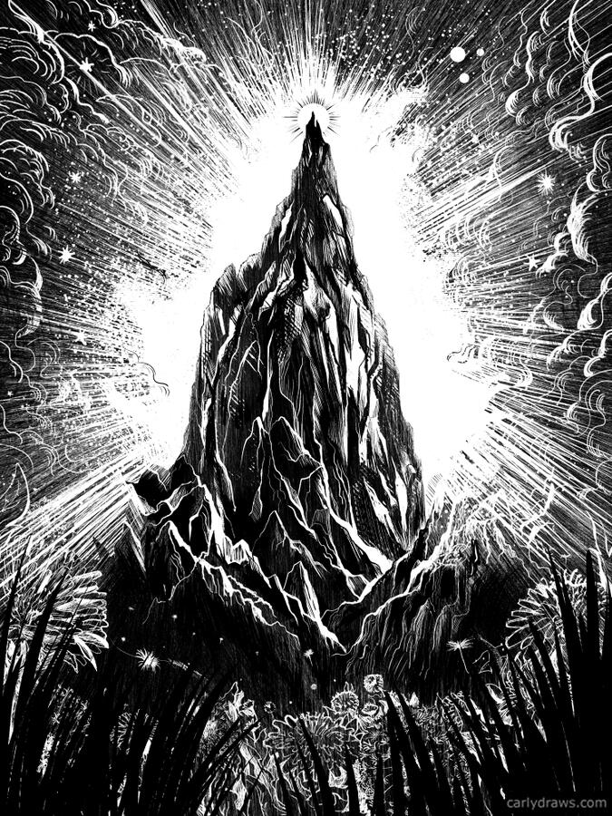 Lonely Spire a mountain surrounded by flowers